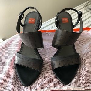 Grey Ostrich embossed Hugo Boss Orange sandals.